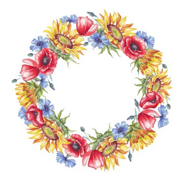 Ukrayna çelengi. Suluboya ayçiçeği, çiçek ve gelincik çiçeği