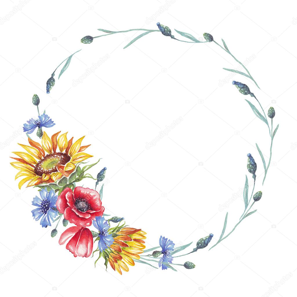 Ukrainian wreath. Watercolor sunflower, cornflower and poppy flower