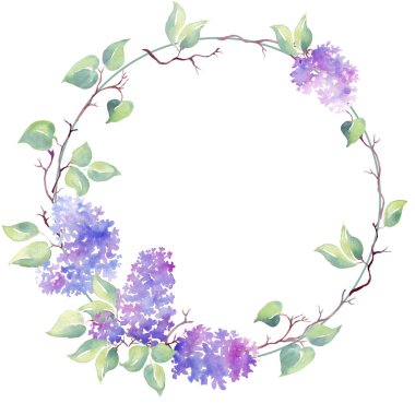 Leylak çelengi. Suluboya çizimi. El boyaması.