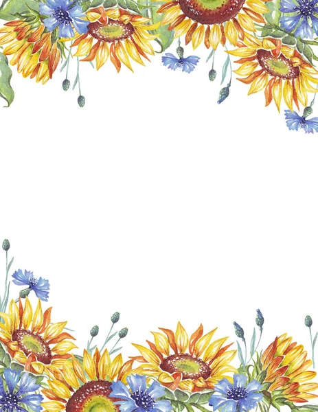 Frame. Watercolor sunflowers, cornflowers