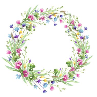 Kır çiçekleri çelengi. Suluboya Clipart
