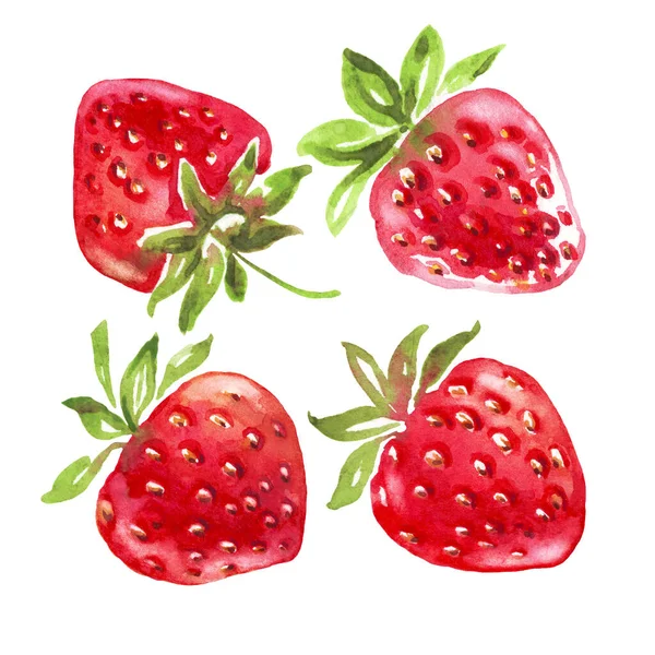 Aquarell Erdbeeren Set Vorhanden Handgemalter Cliparts Isoliert — Stockfoto