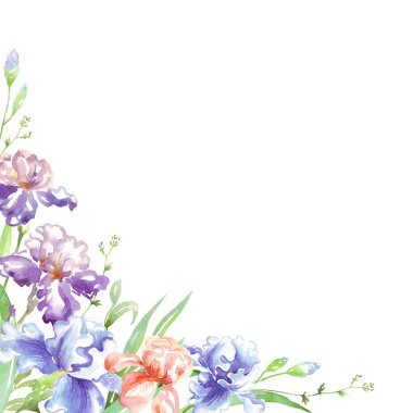 Watercolor iris frame. Hand-painted clipart