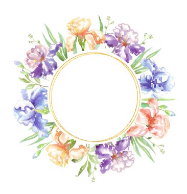 Suluboya süsen çerçevesi. Elle boyanmış Clipart