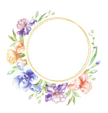 Suluboya süsen çerçevesi. Elle boyanmış Clipart