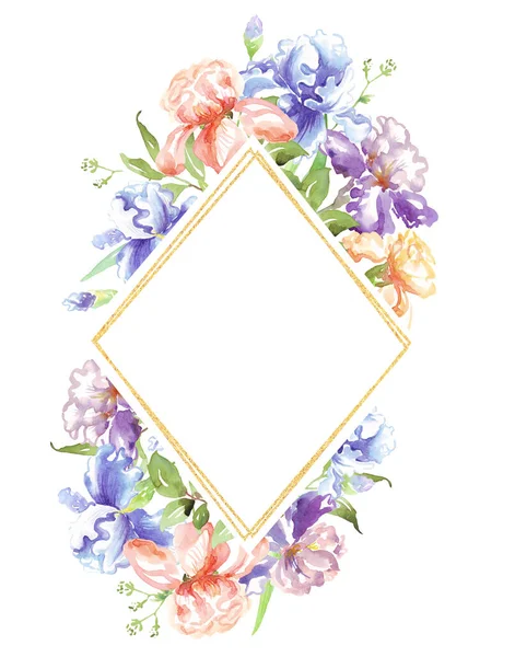 Watercolor Iris Frame Hand Painted Clipart — Stock Photo, Image