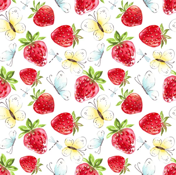 Modello Senza Cuciture Fragola Illustrazione Dipinta Mano — Foto Stock