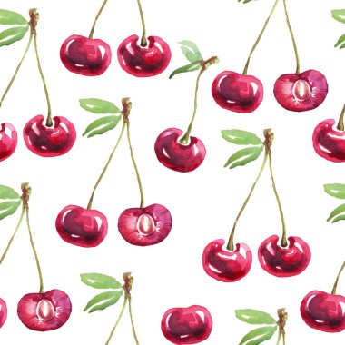 Cherry pattern. Watercolor hand-painted  illustration