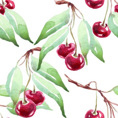 Cherry pattern. Watercolor hand-painted  illustration