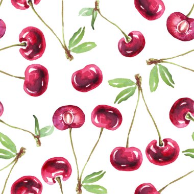 Cherry pattern. Watercolor hand-painted  illustration