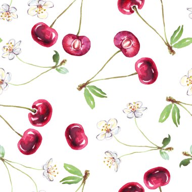 Cherry pattern. Watercolor hand-painted  illustration