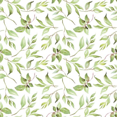 Green leaves seamless patterns. Watercolor illustration