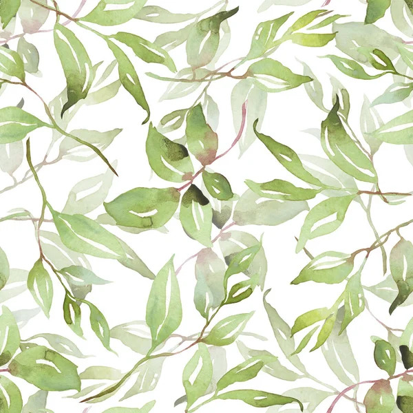 Green Leaves Seamless Patterns Watercolor Illustration — Zdjęcie stockowe