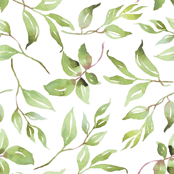 Green Leaves Seamless Patterns Watercolor Illustration — Zdjęcie stockowe