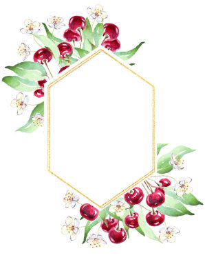 Cherry frame. Watercolor clipart. Hand-painted illustration