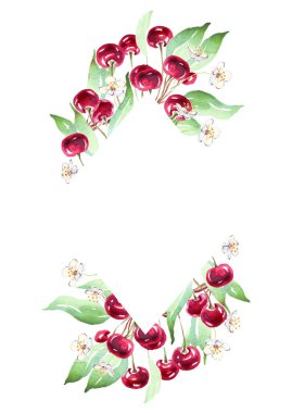 Cherry frame. Watercolor clipart. Hand-painted illustration