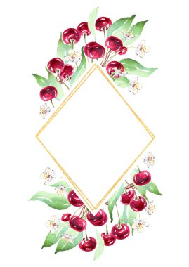 Cherry frame. Watercolor clipart. Hand-painted illustration