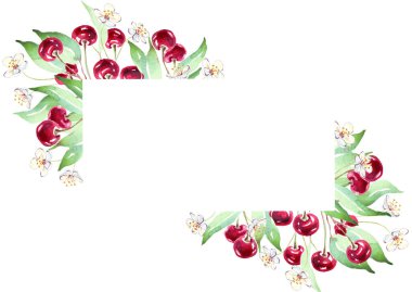 Cherry frame. Watercolor clipart. Hand-painted illustration