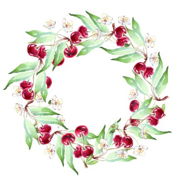 Cherry wreath. Watercolor clipart. Hand-painted illustration