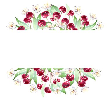 Cherry frame. Watercolor clipart. Hand-painted illustration
