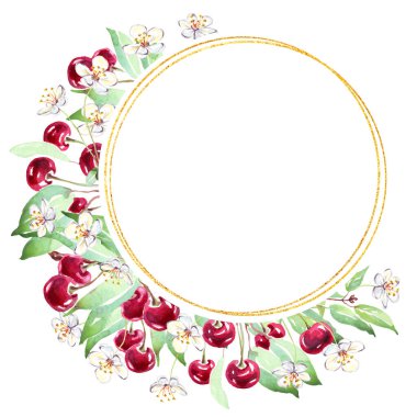 Cherry frame. Watercolor clipart. Hand-painted illustration