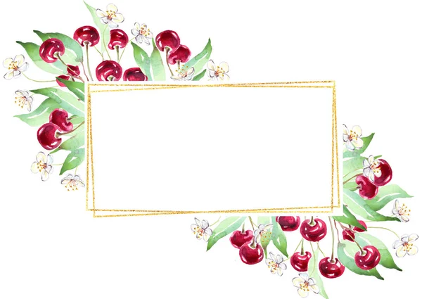 Cherry Frame Watercolor Clipart Hand Painted Illustration — 스톡 사진