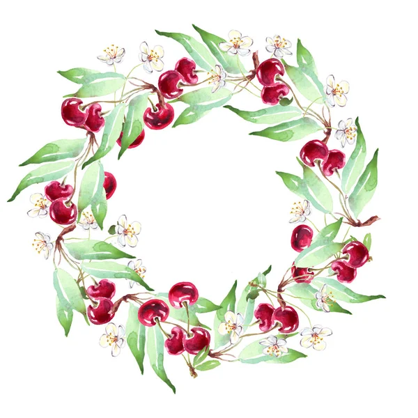Cherry Wreath Watercolor Clipart Hand Painted Illustration — Zdjęcie stockowe