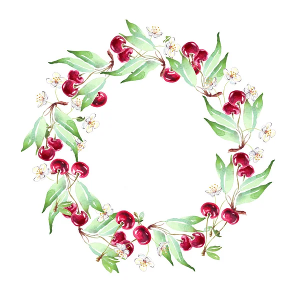 Cherry wreath. Watercolor clipart. Hand-painted illustration