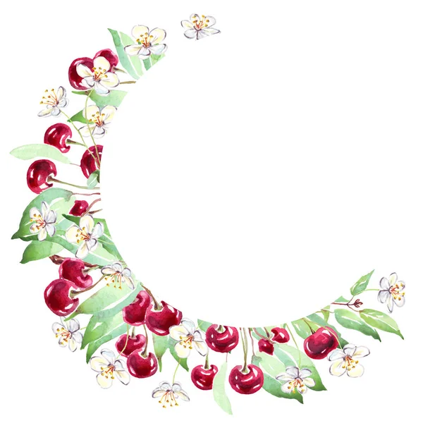 Cherry frame. Watercolor clipart. Hand-painted illustration