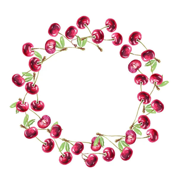 Cherry wreath. Watercolor clipart. Hand-painted illustration