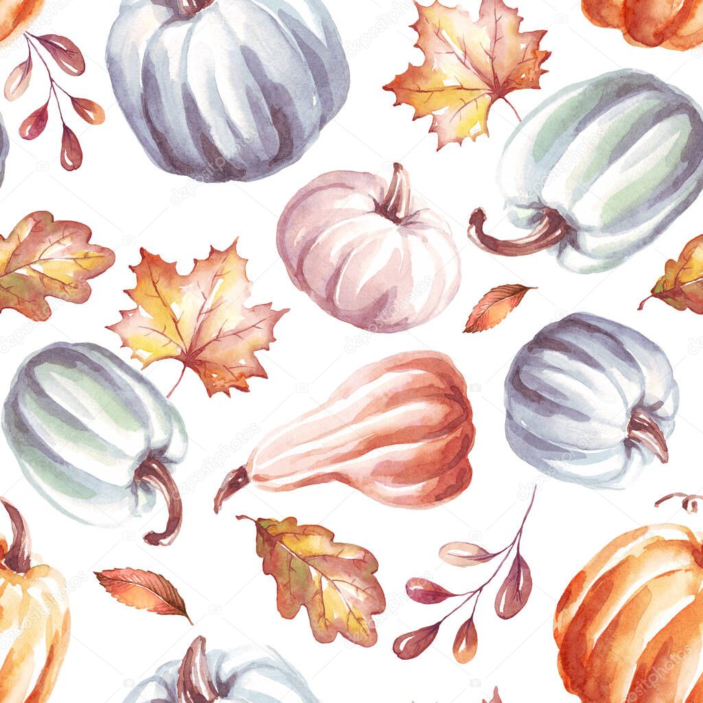 Pumpkins seamless pattern. Watercolor illustration