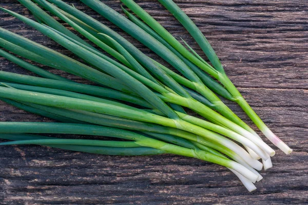 Bunch Fresh Green Onions Feather Old Wooden Table — Stock Photo, Image