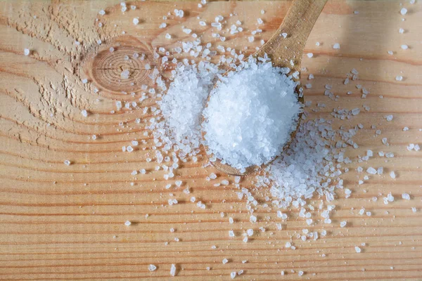 Sel Cuisine Dans Une Cuillère Bois Sur Fond Bois — Photo