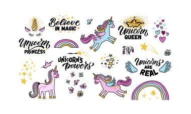 Elle çizilmiş tek boynuzlu atlar vektör çizimlerini tipografi alıntılarıyla belirledi. Motivasyonel alıntı kavramı