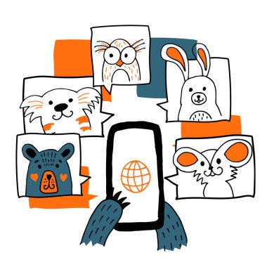 Görüntü konferansı, online toplantı, iş formu ev. Ayı arıyor. El çizimi vektör karalama