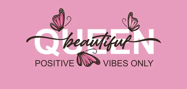아름다운 퀸 텍스트와 분홍색 나비 벡터 일러스트 디자인 패션 그래픽, 티셔츠 프린트, 포스터 — 스톡 벡터
