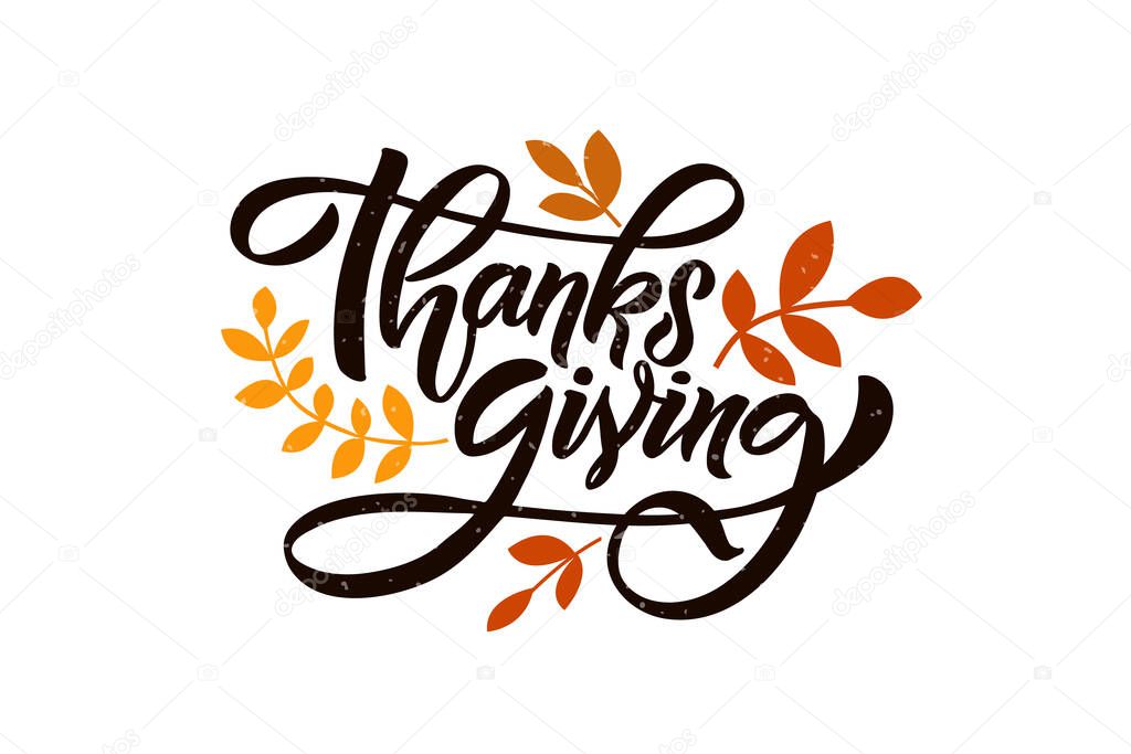 Hand drawn Thanksgiving typography poster. Celebration quote Happy Thanksgiving on textured background for postcard