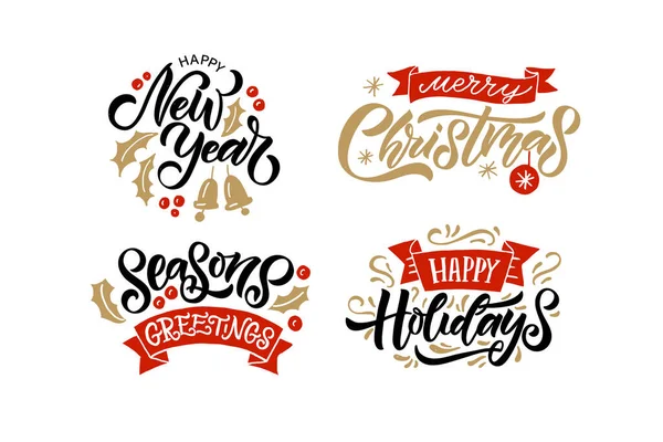 Feliz Año Nuevo, Felices Fiestas, Feliz Navidad, Felices Fiestas tarjeta bosquejada a mano, insignia, tipografía icono. Cartas — Vector de stock
