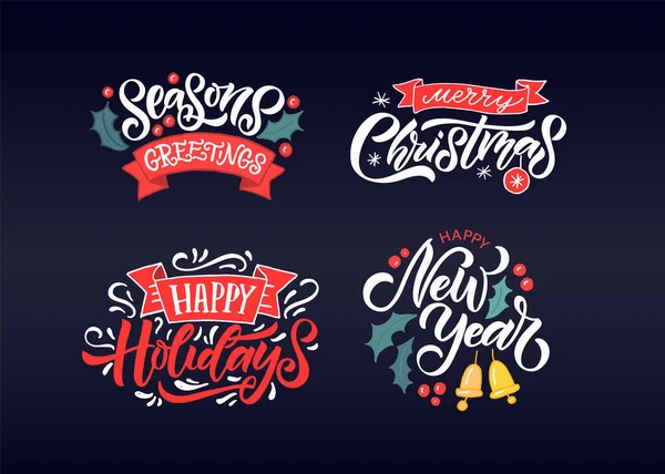 Frohes Neues Jahr, Seasons Greetings, Frohe Weihnachten, Frohe Feiertage handskizzierte Karte, Abzeichen, Icon Typografie. Schrift Stockillustration
