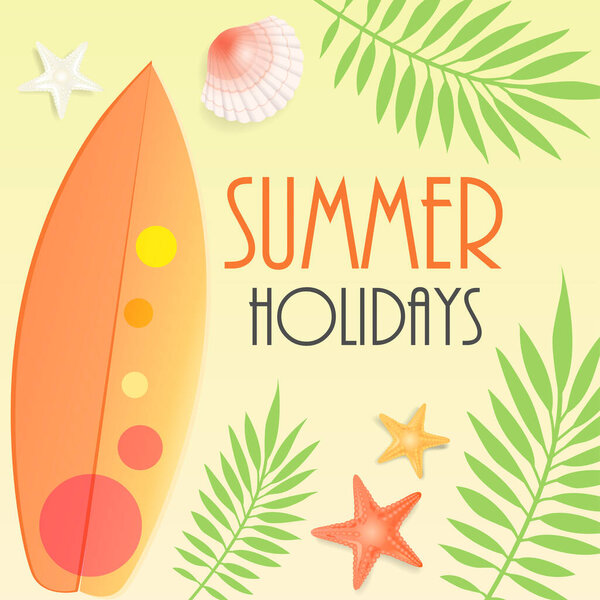 Summer holidays, poster in yellow colors, summer vacation, travel. Vector illustration.