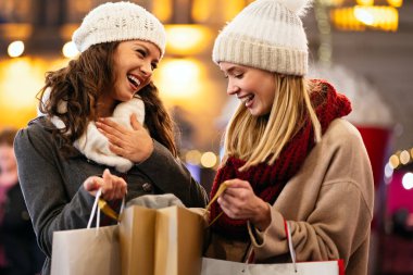 Mutlu kadın arkadaşlar Noel 'de hediye alışverişi yapıyorlar. İnsanlar tatil alışverişi kavramını benimsiyor.