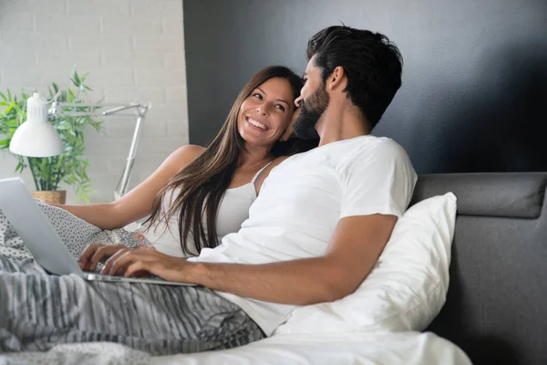 Romantic Young Happy Couple Love Relaxing Home Having Fun Watching — Stock Photo, Image