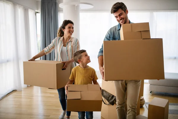 Happy Family Unpacking Boxes New Home Moving Day People Real — Stock Photo, Image