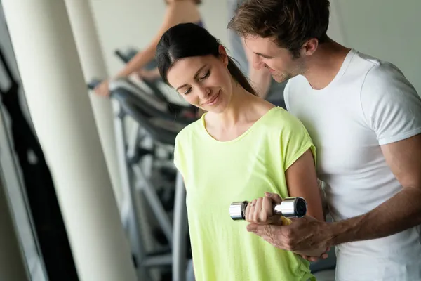 Fitness Sport Beweging Dieet Concept Glimlachende Jonge Vrouw Personal Trainer — Stockfoto