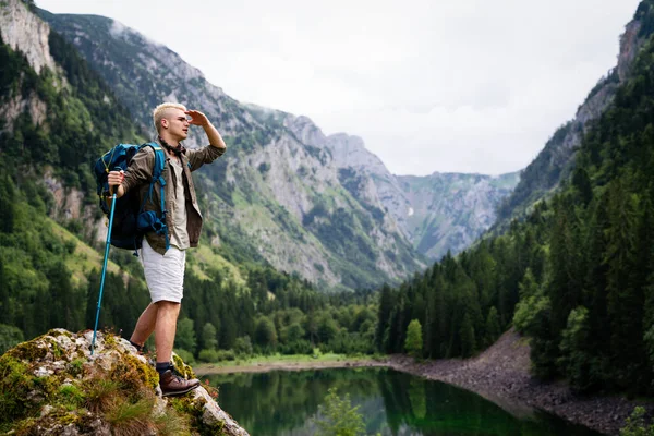 Caminante Con Mochila Bastones Trekking Mirando Las Montañas Aire Libre — Foto de Stock