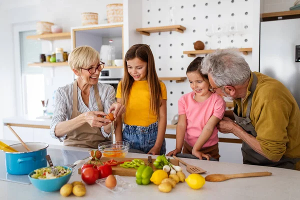 Avós Felizes Divertindo Com Netos Casa — Fotografia de Stock