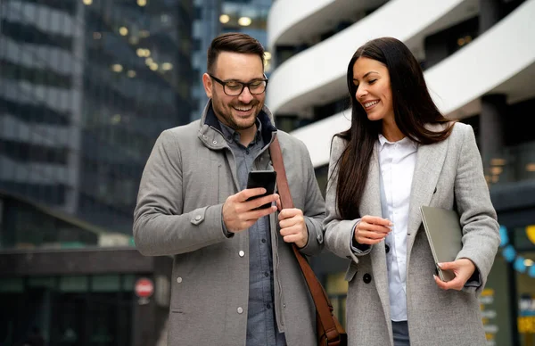 Picture Handsome Man Beautiful Woman Business Partners Working Talking Outdoor — Stock Photo, Image