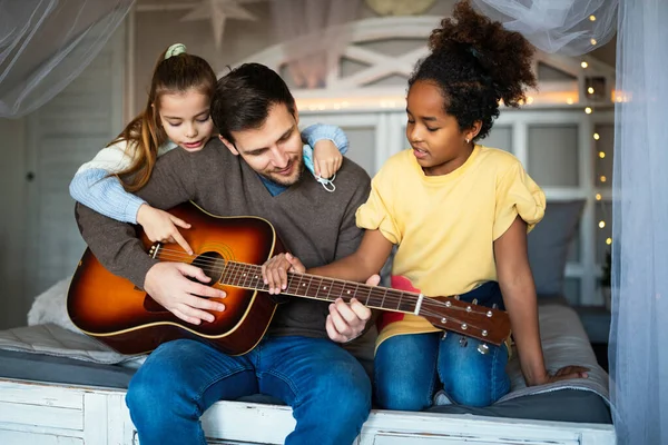 Smiling Father Multiethnic Children Having Fun Playing Guitar Home Family — Stock Photo, Image