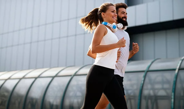 Happy Young Runner Couple Exercising Part Healthy Lifestyle People Sport — Stock Photo, Image