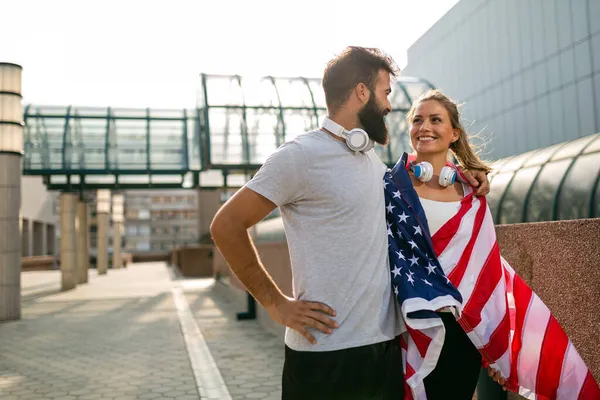 Portrait Beautiful Young Fit Woman Usa Flag Sport People Happiness — Stock Photo, Image